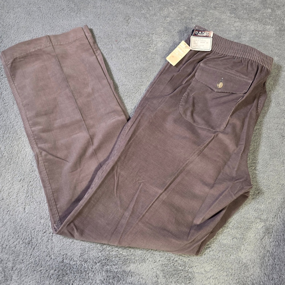 Gant Mens L Corduroy Pants Charcoal Grey Pleated Elastic Back Vintage 4P 807 2F